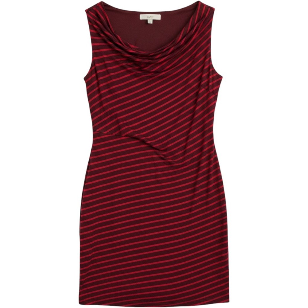 LOFT Striped Cowl Neck Dress Womens Medium Red Burgundy Sleeveless Ruched